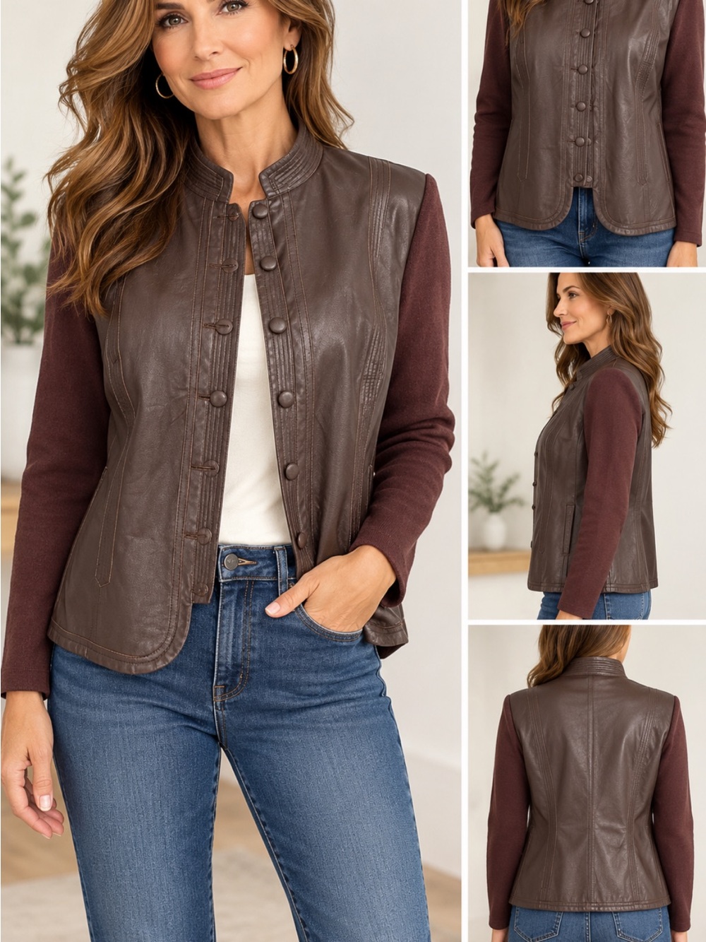 Women’s Brown Leather Front Jacket with Knit Sleeves